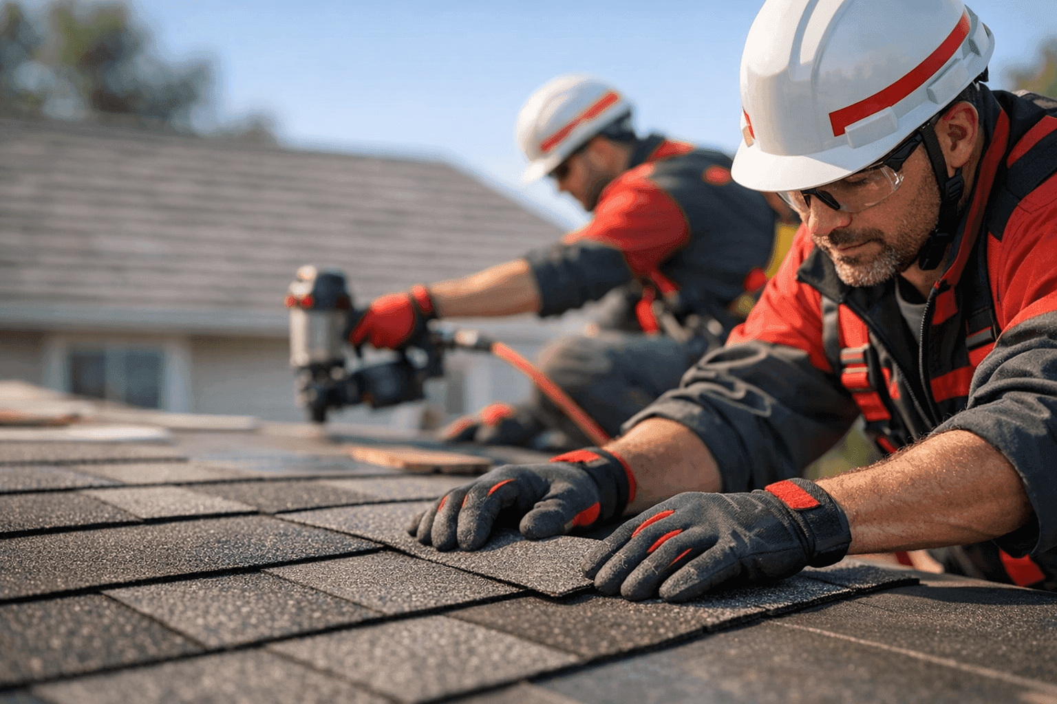 Professional roofer wearing safety gear positioning shingles on residential roof