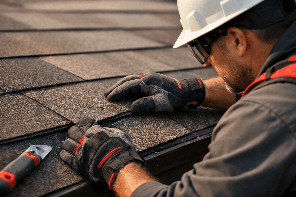 Close-up of roofer’s gloved hands aligning asphalt shingles on residential roof