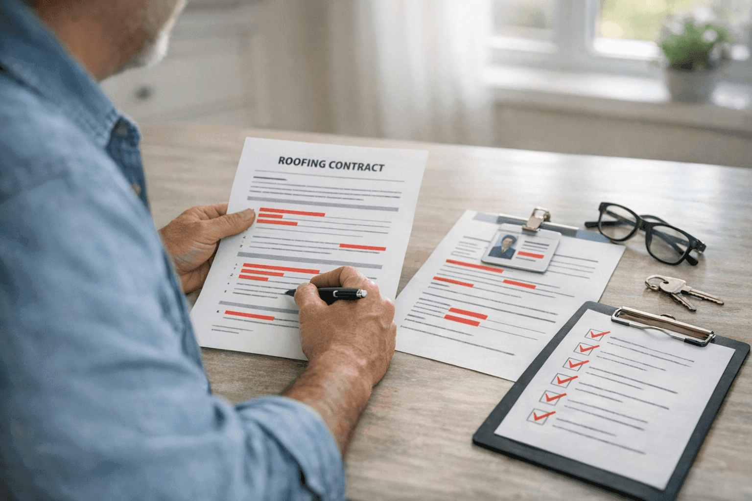 Homeowner reviewing roofing contract and credentials for red flags