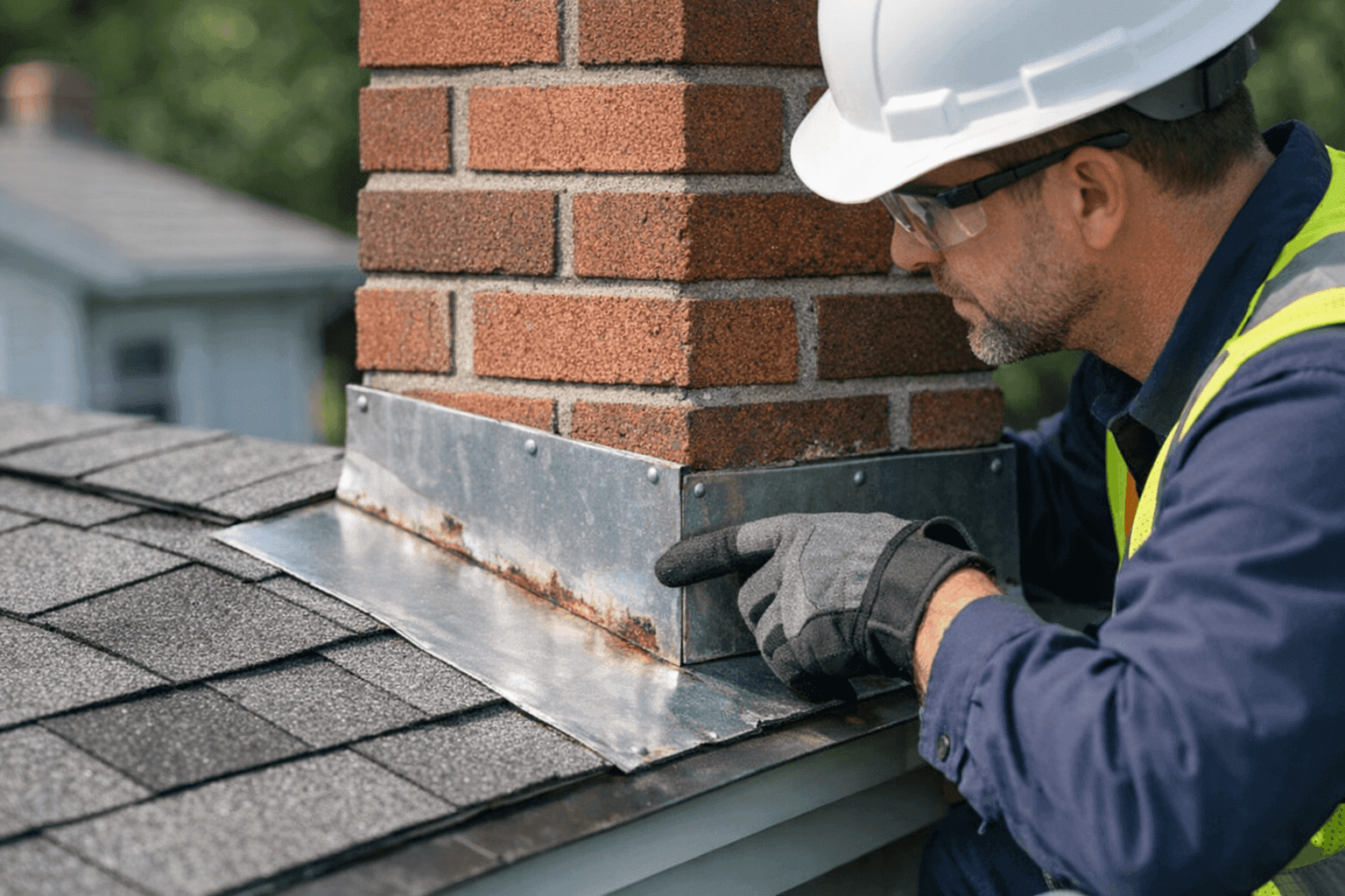 Roof technician inspecting chimney flashing for leaks