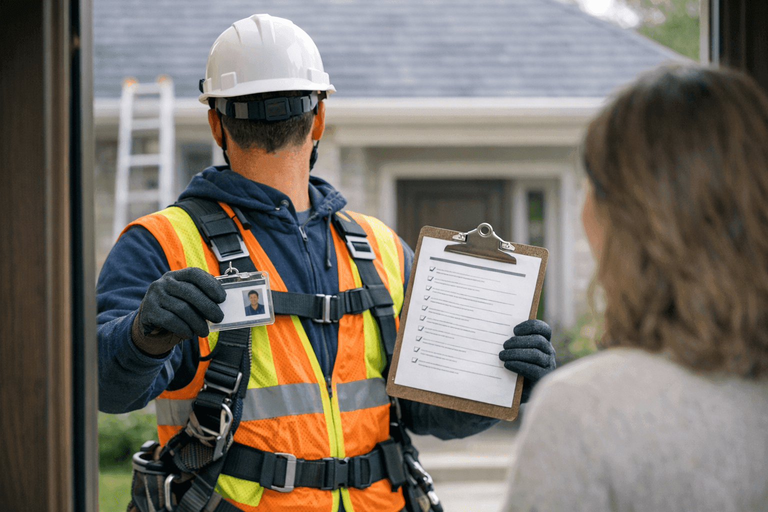 Roofer showing credentials and checklist to homeowner at front door