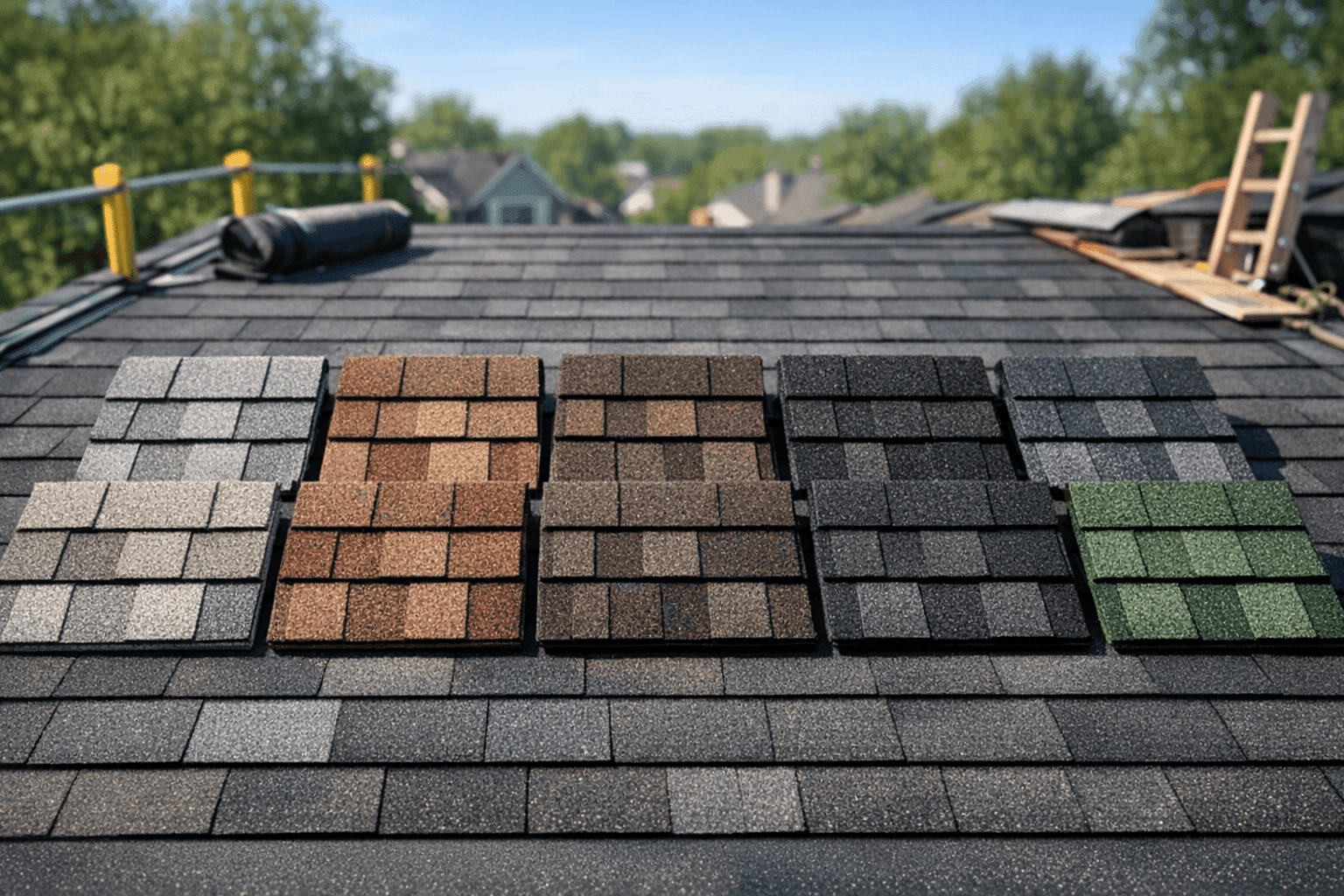 Assorted shingle color samples displayed on residential roof