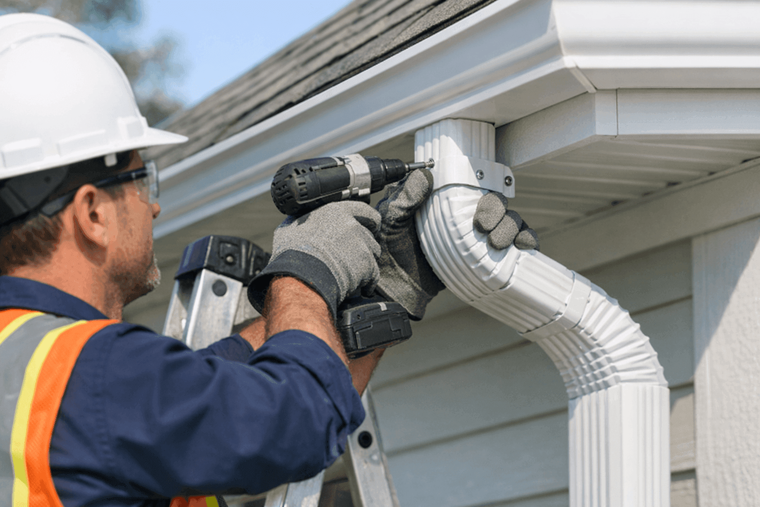 Technician installing new downspout on residential home exterior