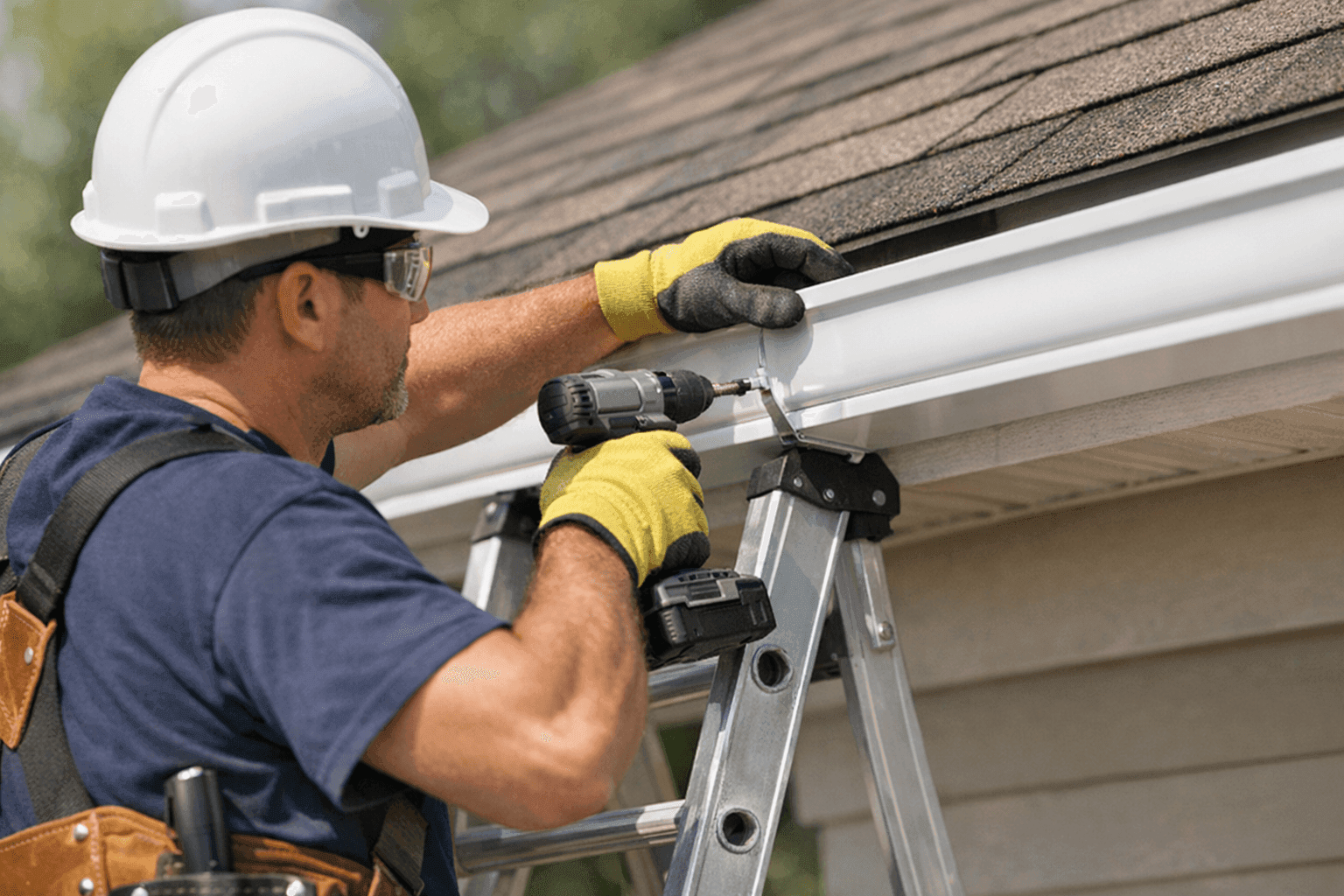 Technician installing new gutters on residential home