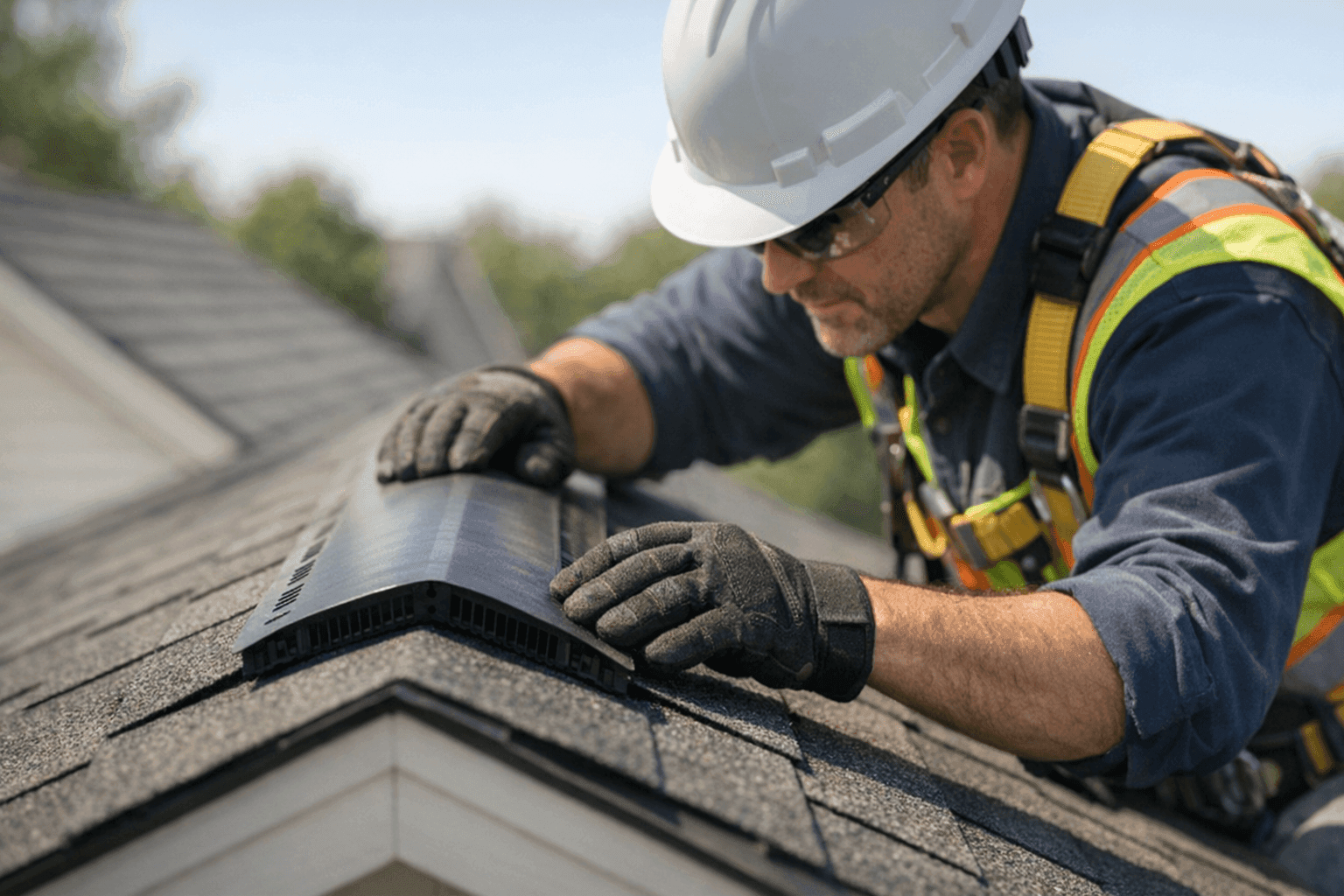 Technician inspecting roof ridge vent for proper ventilation