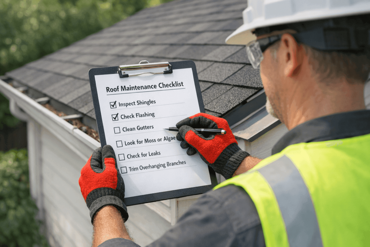 Homeowner checking roof maintenance checklist next to residential roof
