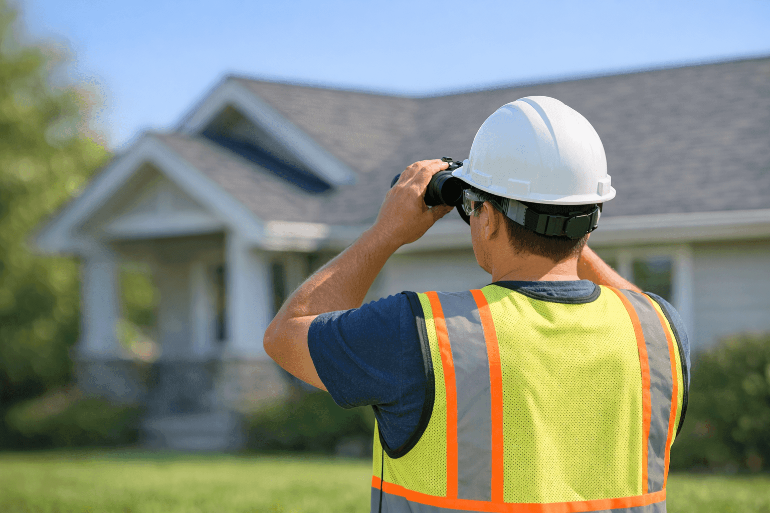 Homeowner using binoculars to inspect roof from the ground
