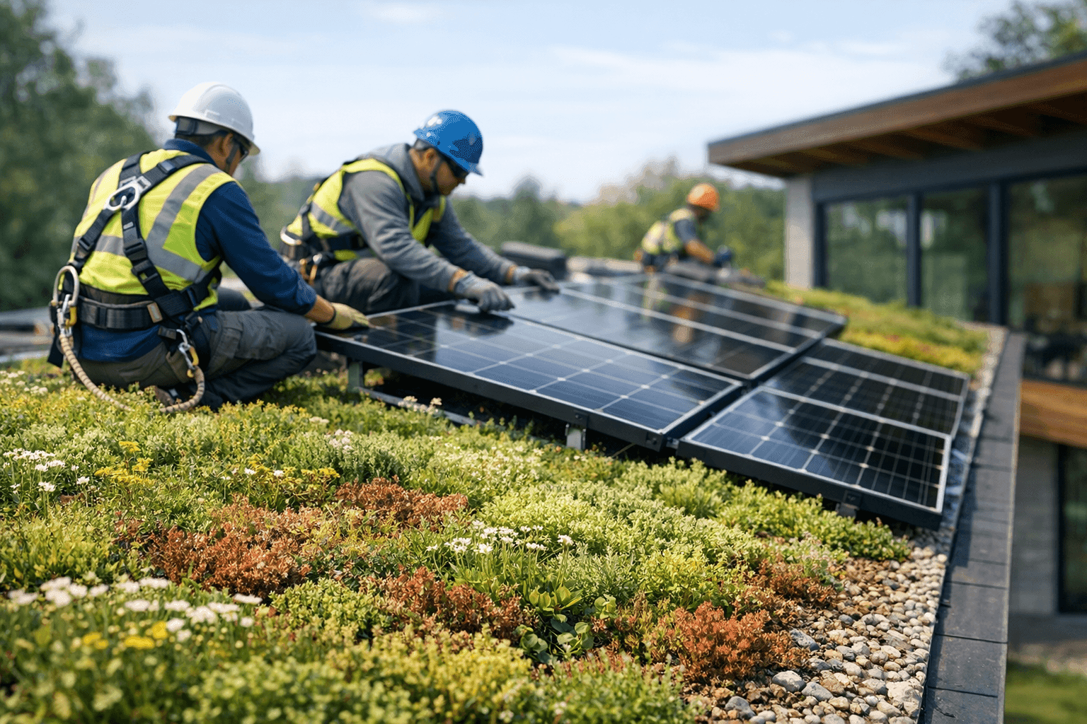 Modern home with eco-friendly green roof and solar panels
