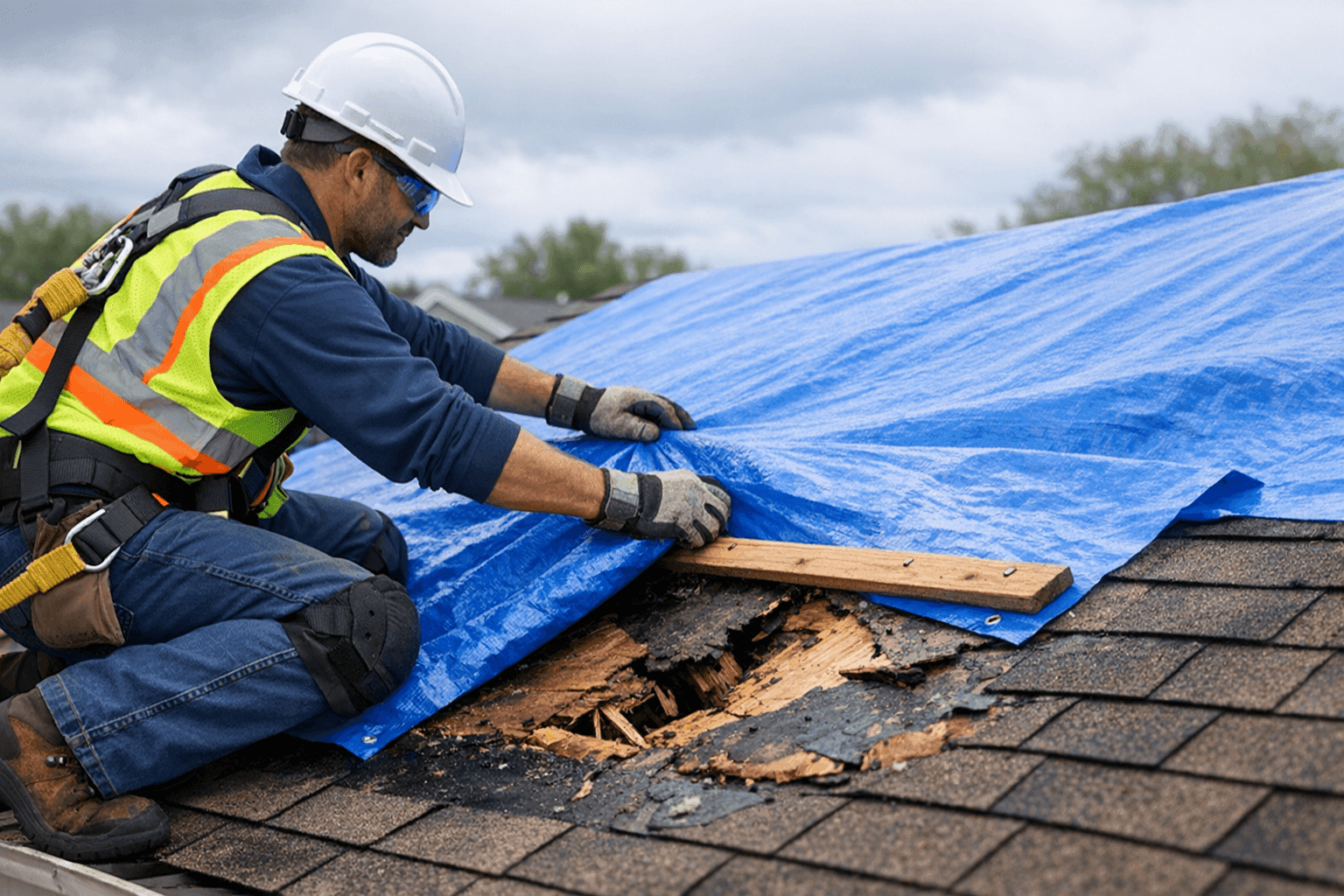 Homeowner placing tarp over damaged roof section after storm
