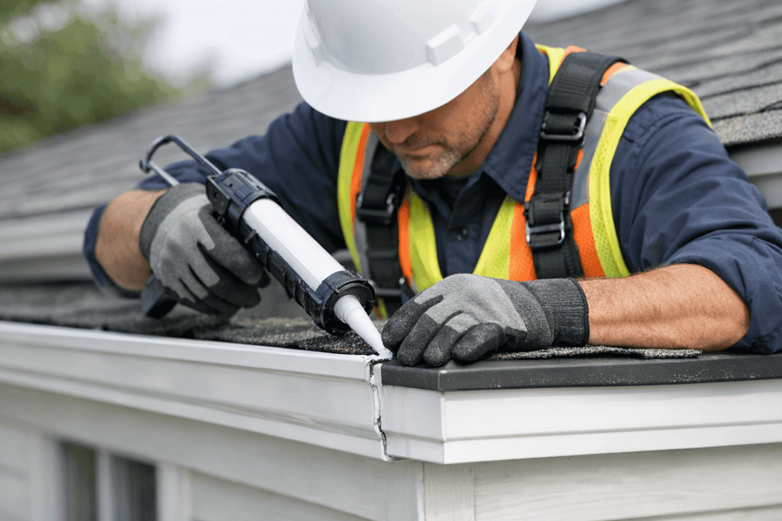 Technician resealing gutter seams on residential home