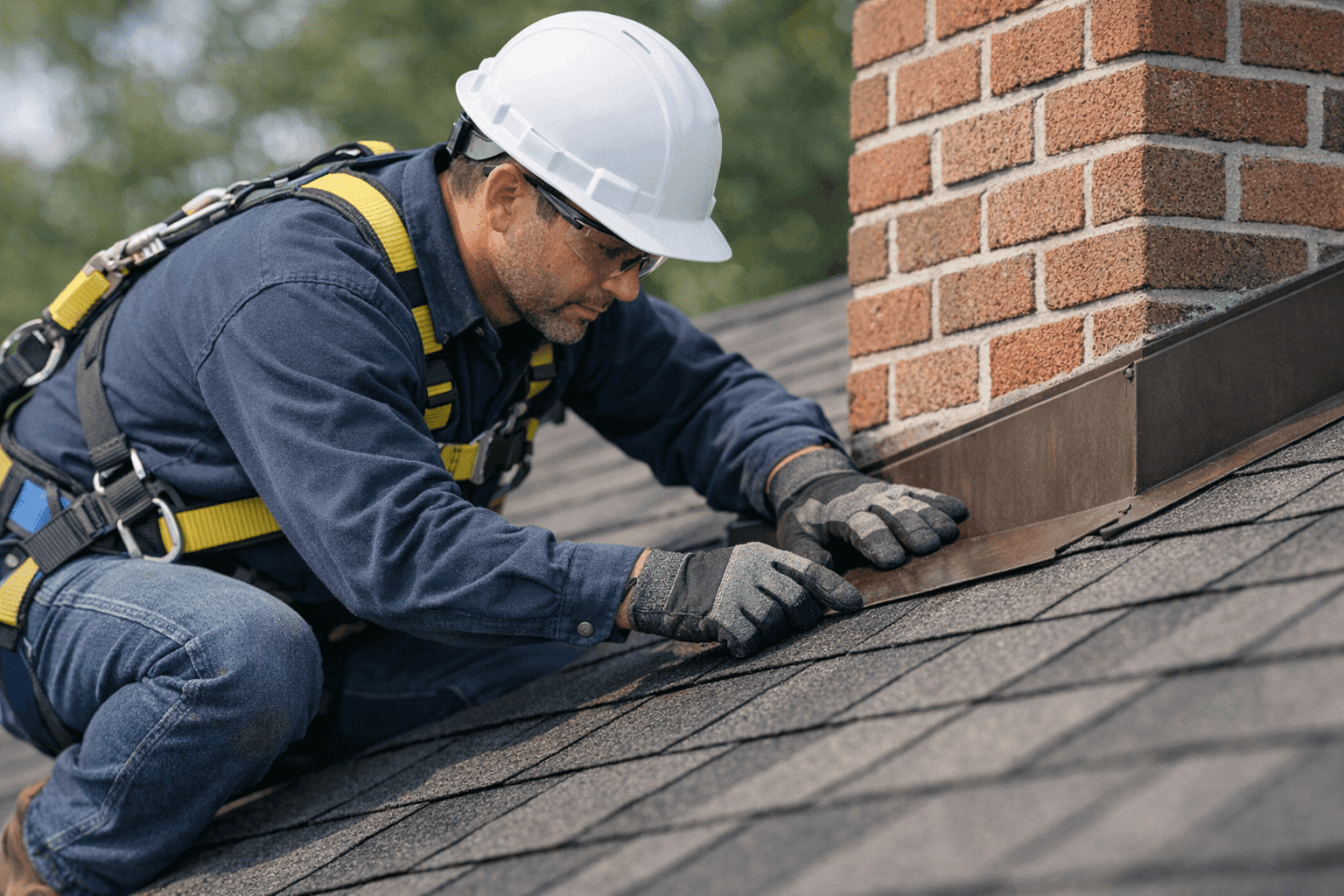 Technician performing seasonal maintenance on a residential roof