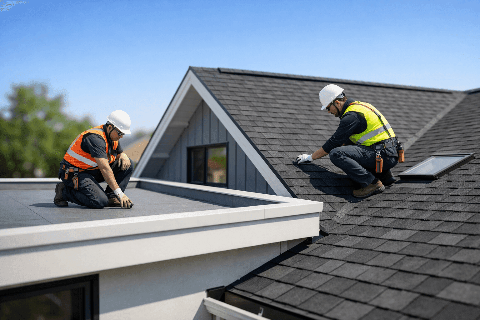 Side-by-side of flat and pitched residential roofs under clear sky