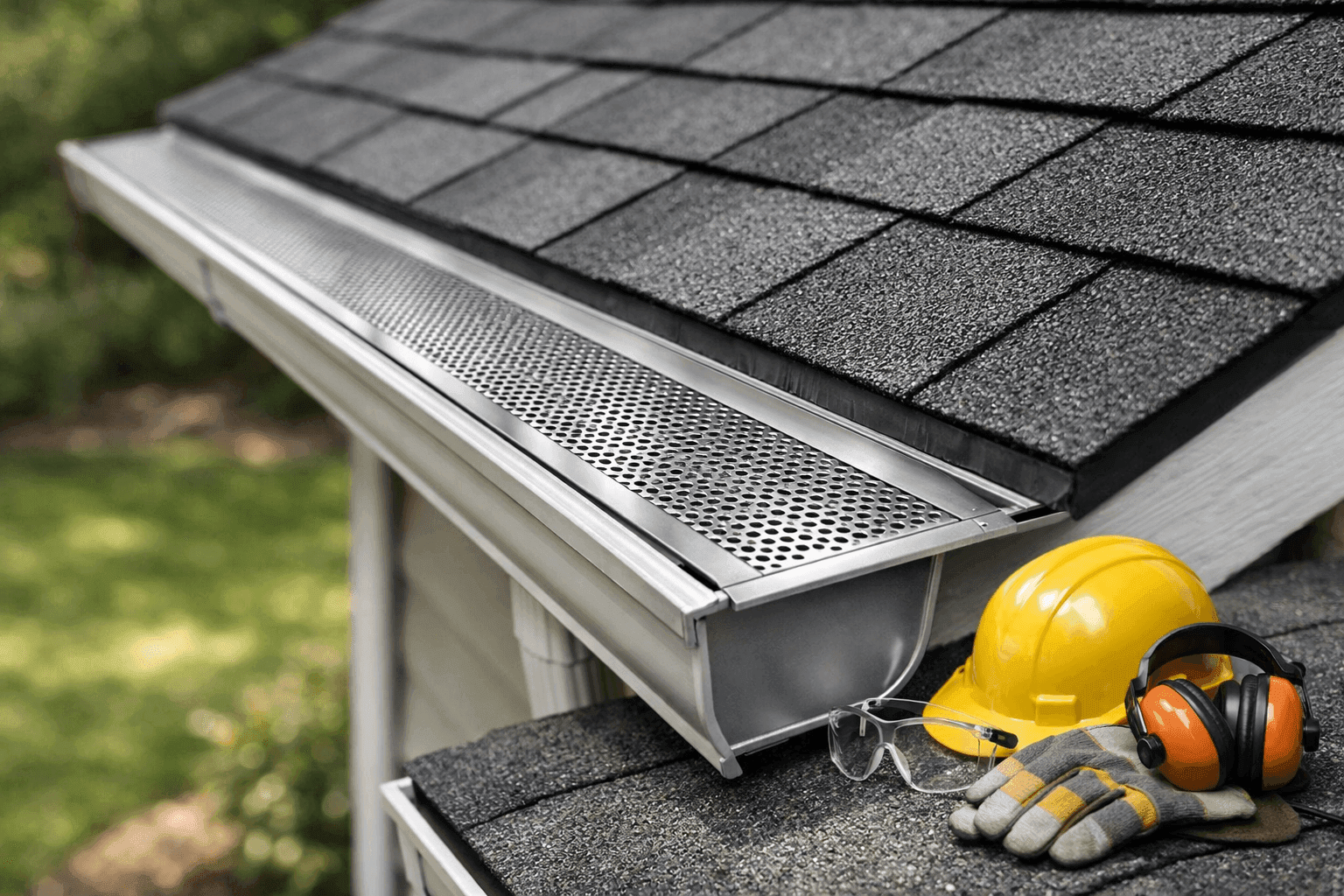 Close-up of gutter guard installed on residential gutter system