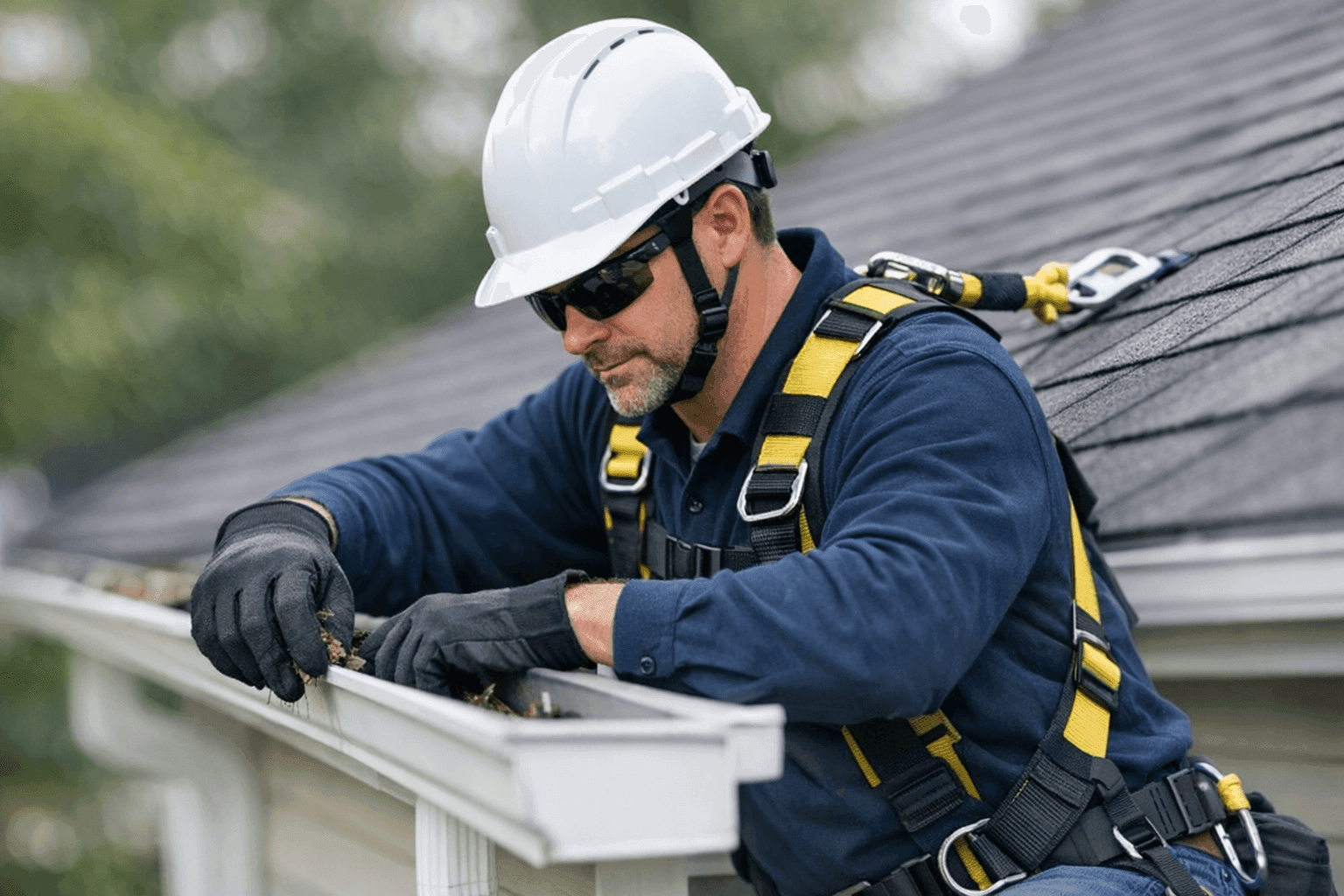 Technician cleaning and inspecting gutters on a home
