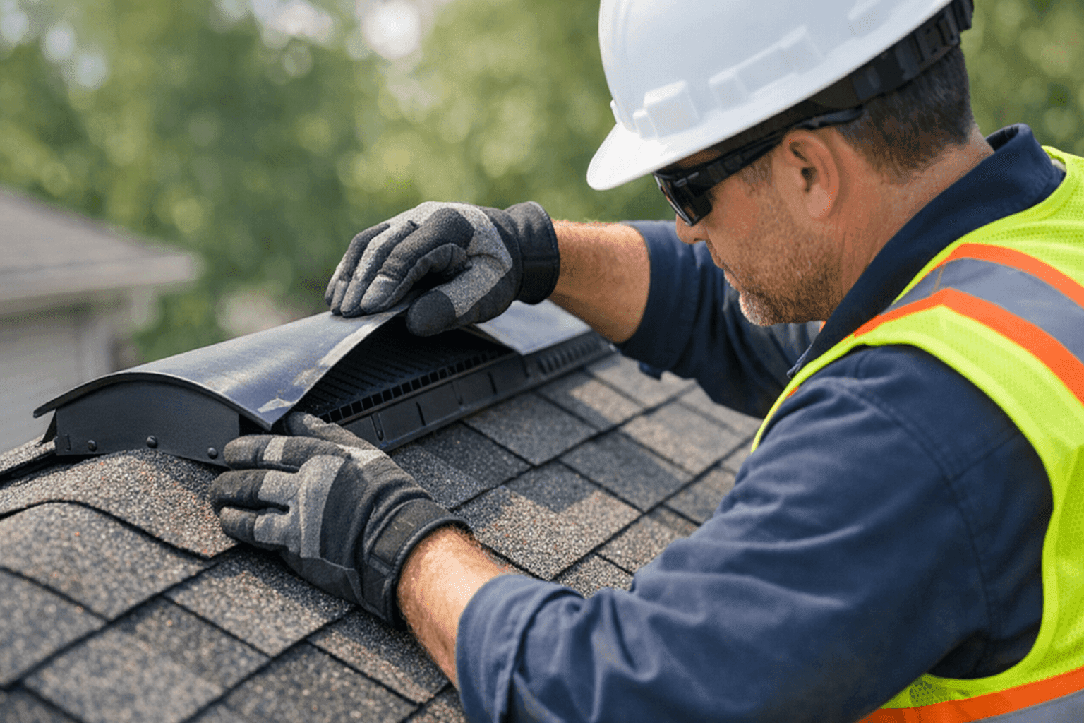 Technician inspecting roof cap and ridge vent on residential roof