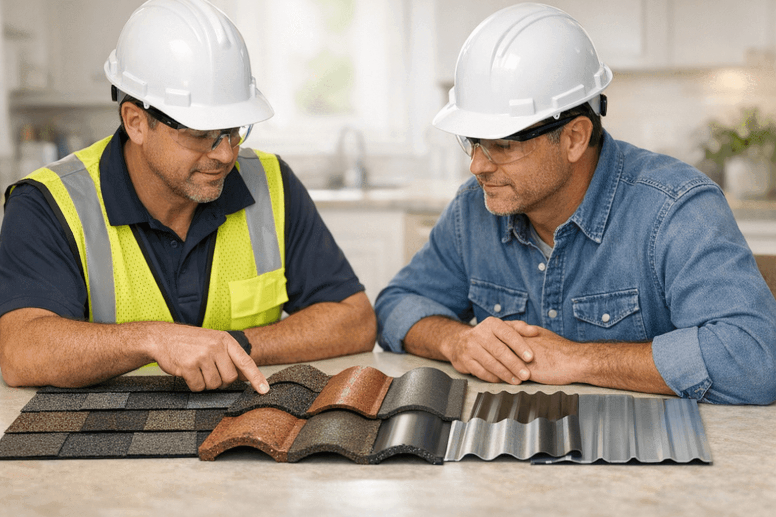 Roofing contractor showing sample replacement materials to homeowner