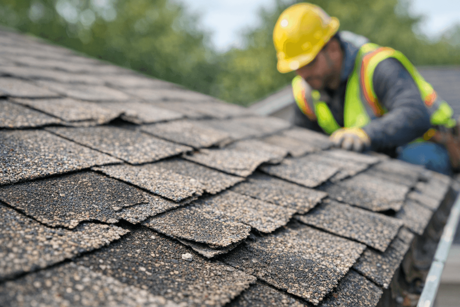 Close-up view of a worn residential shingle roof with visible damage