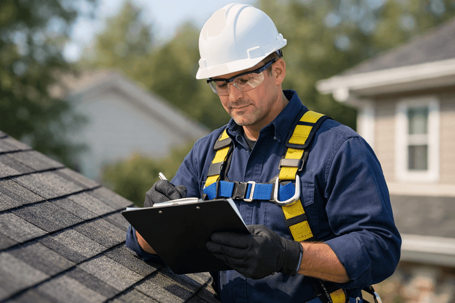 Inspector checking residential roof with clipboard