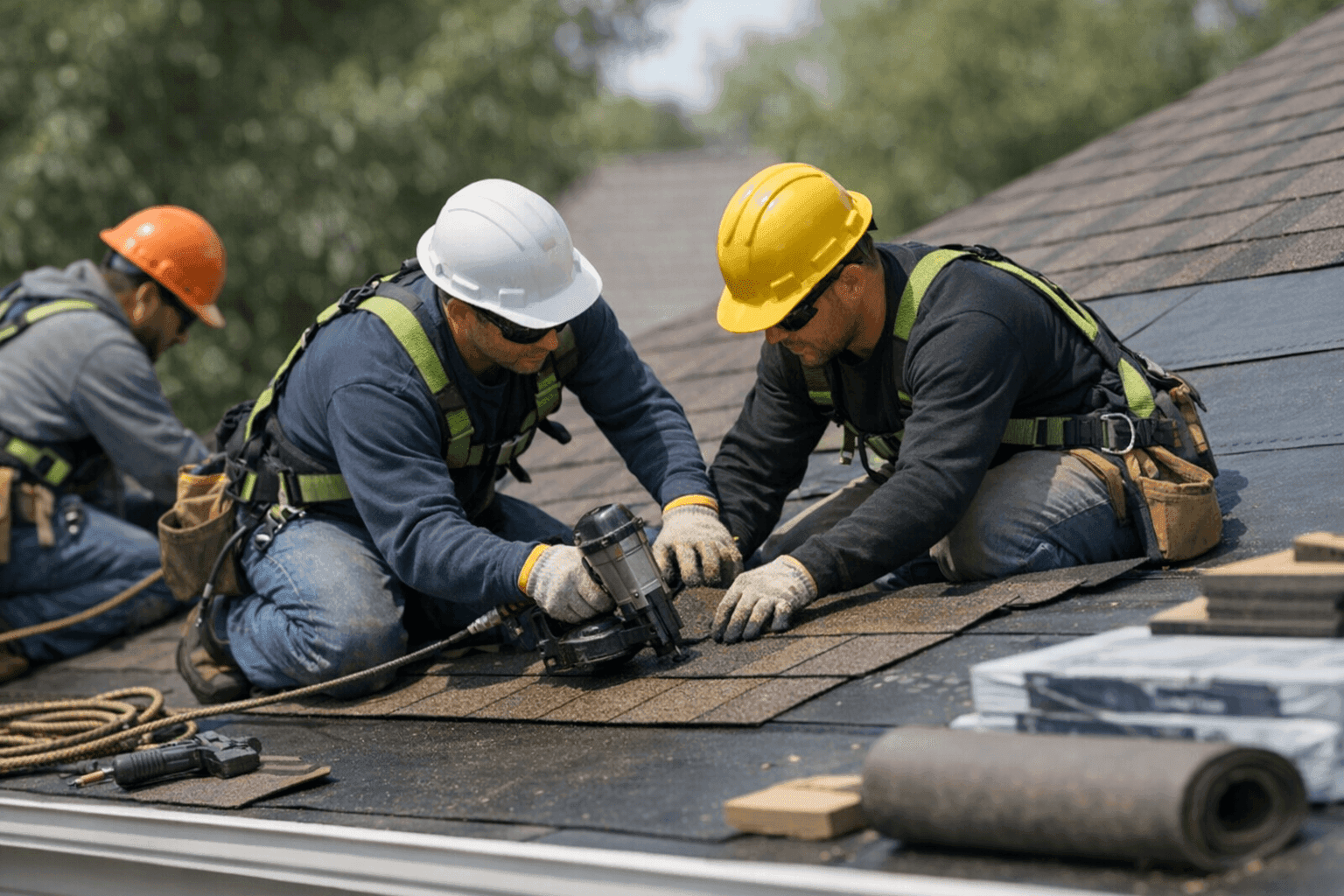 Roofing crew installing new shingles on a clean residential roof