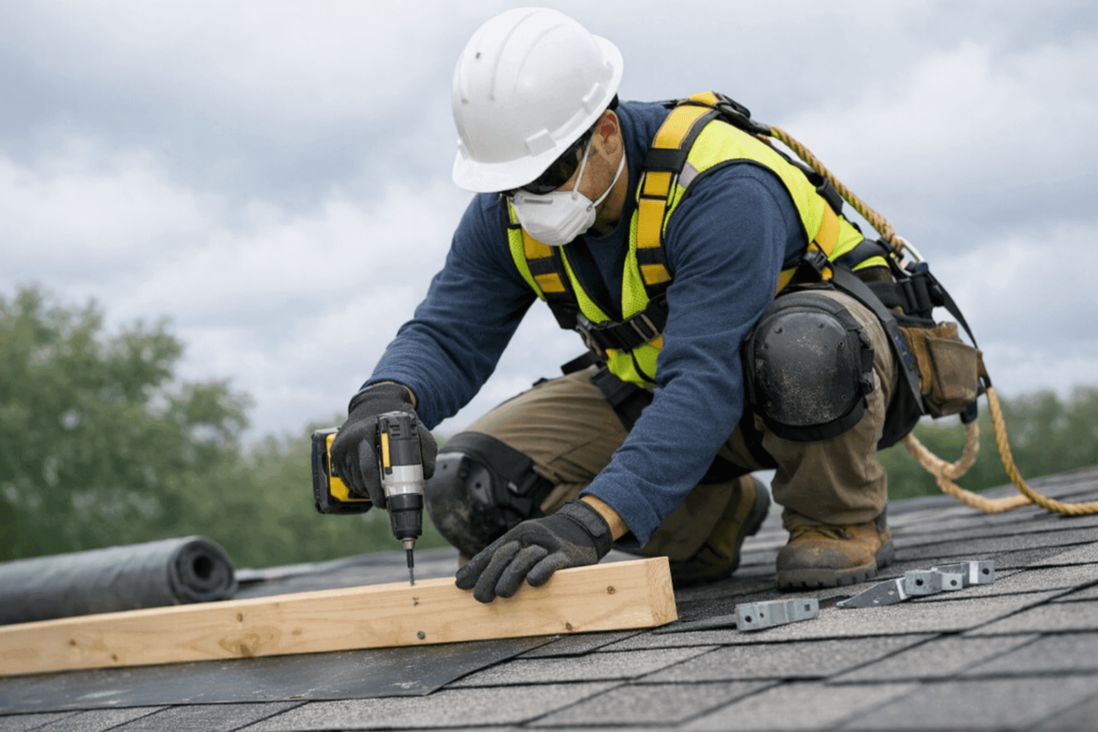 Technician reinforcing residential roof ahead of hurricane season