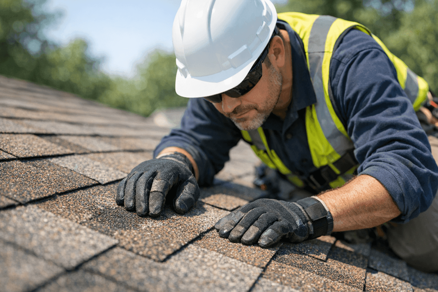 Technician inspecting shingle roof for granule loss and wear