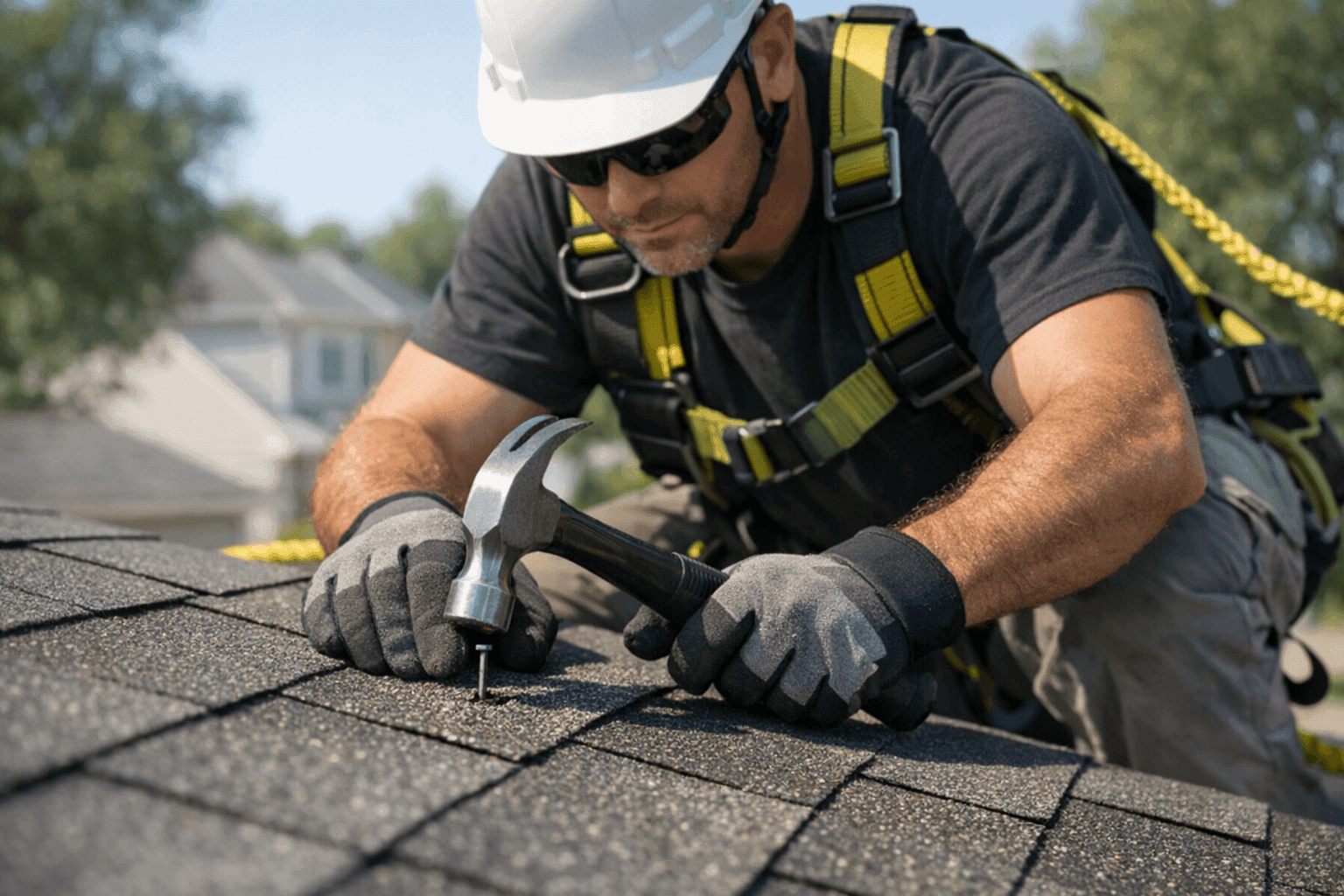 Technician repairing nail pop on asphalt shingle roof
