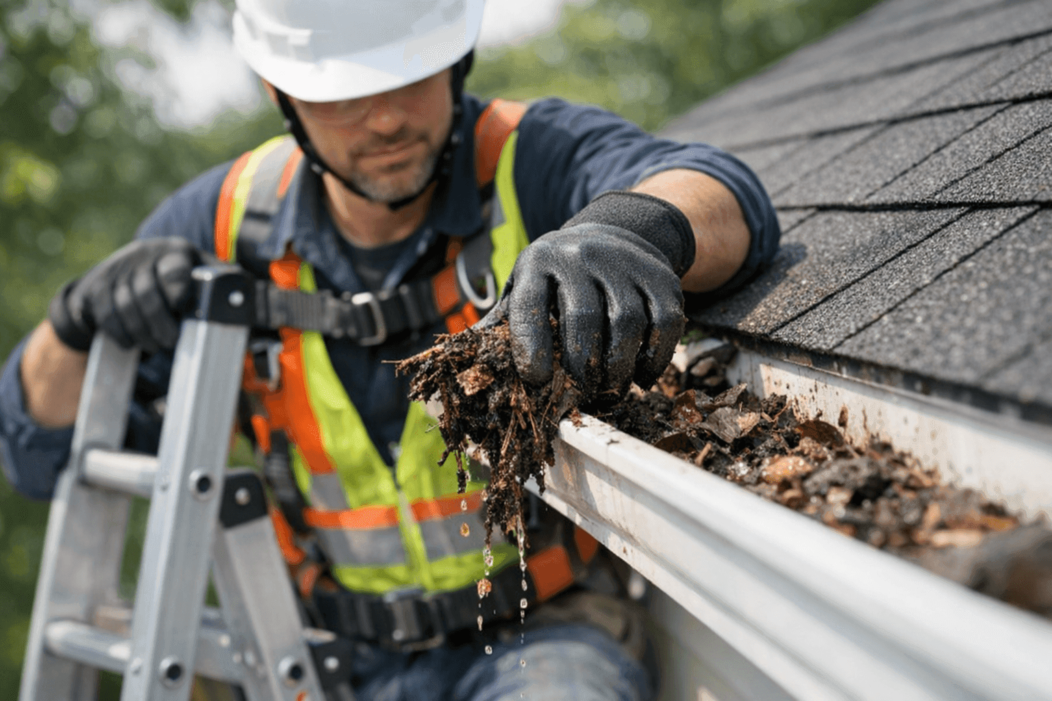 Technician clearing severe gutter clog on residential home