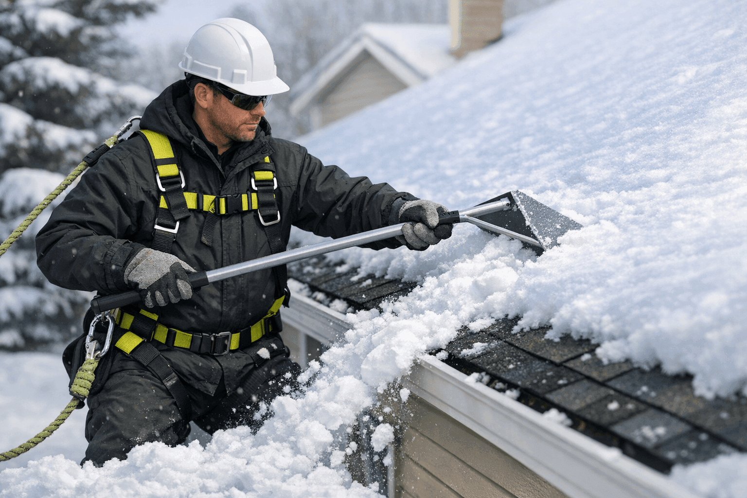 Technician clearing snow from residential roof with roof rake