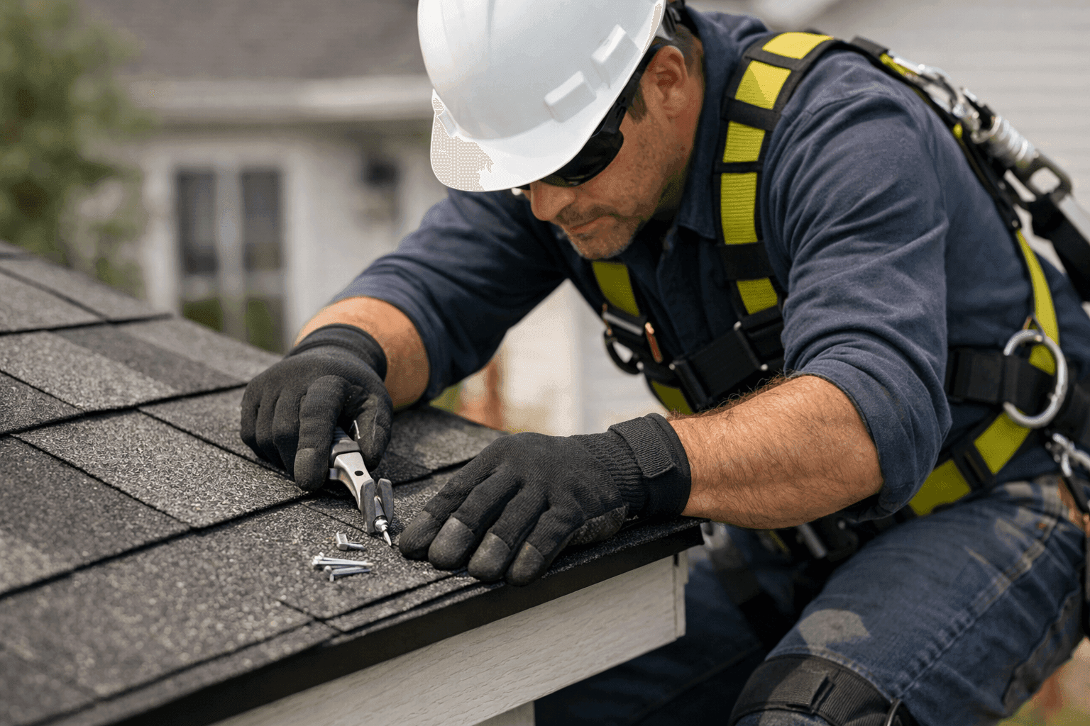Technician checking shingle fasteners for wind resistance on roof