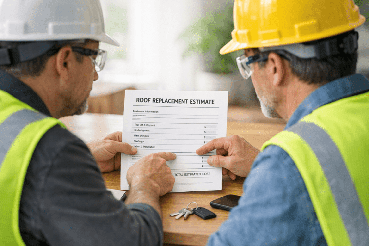 Roofing contractor reviewing roof replacement estimate with homeowner