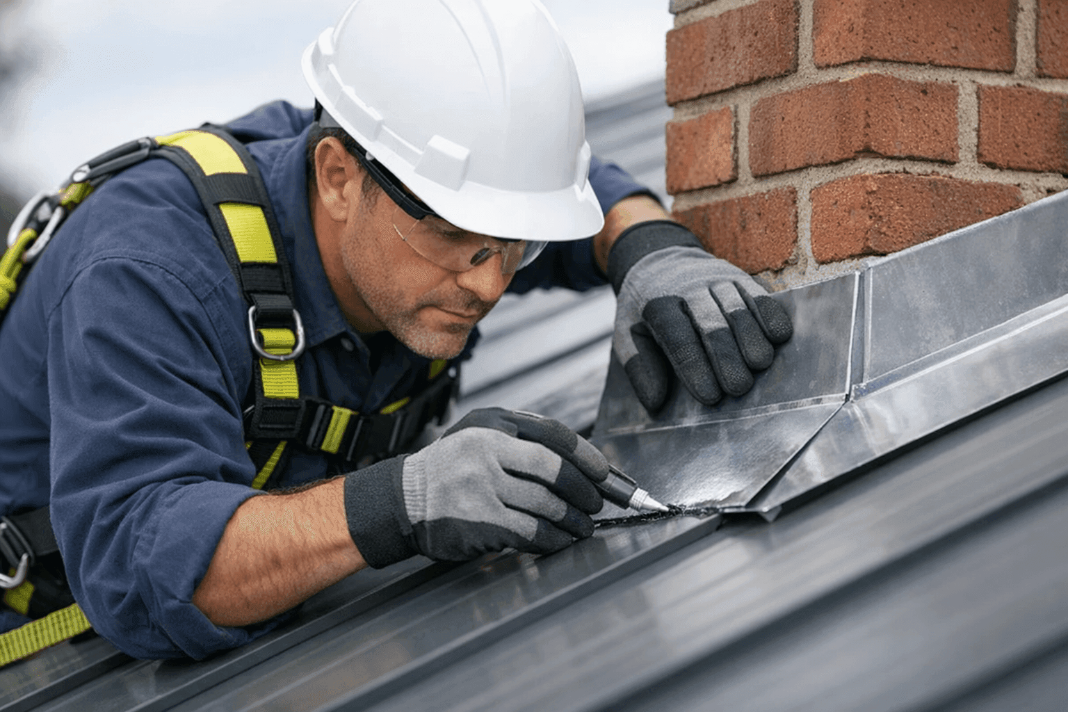 Technician repairing roof flashing around chimney