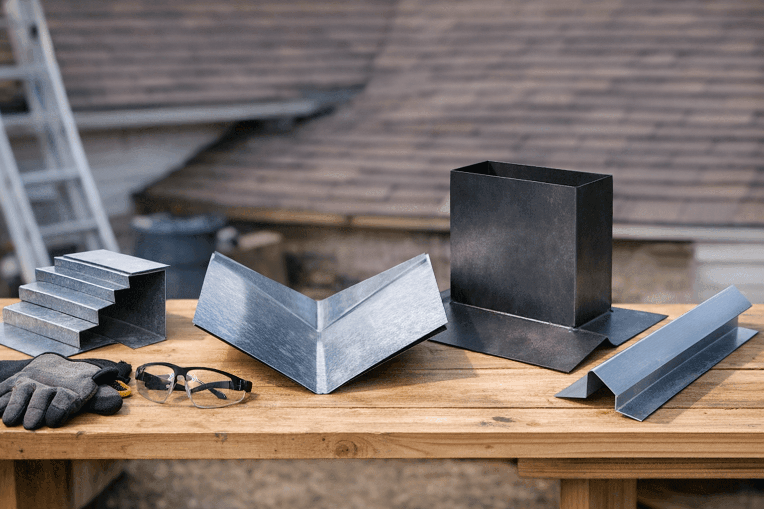 Different types of roof flashing displayed on a workbench