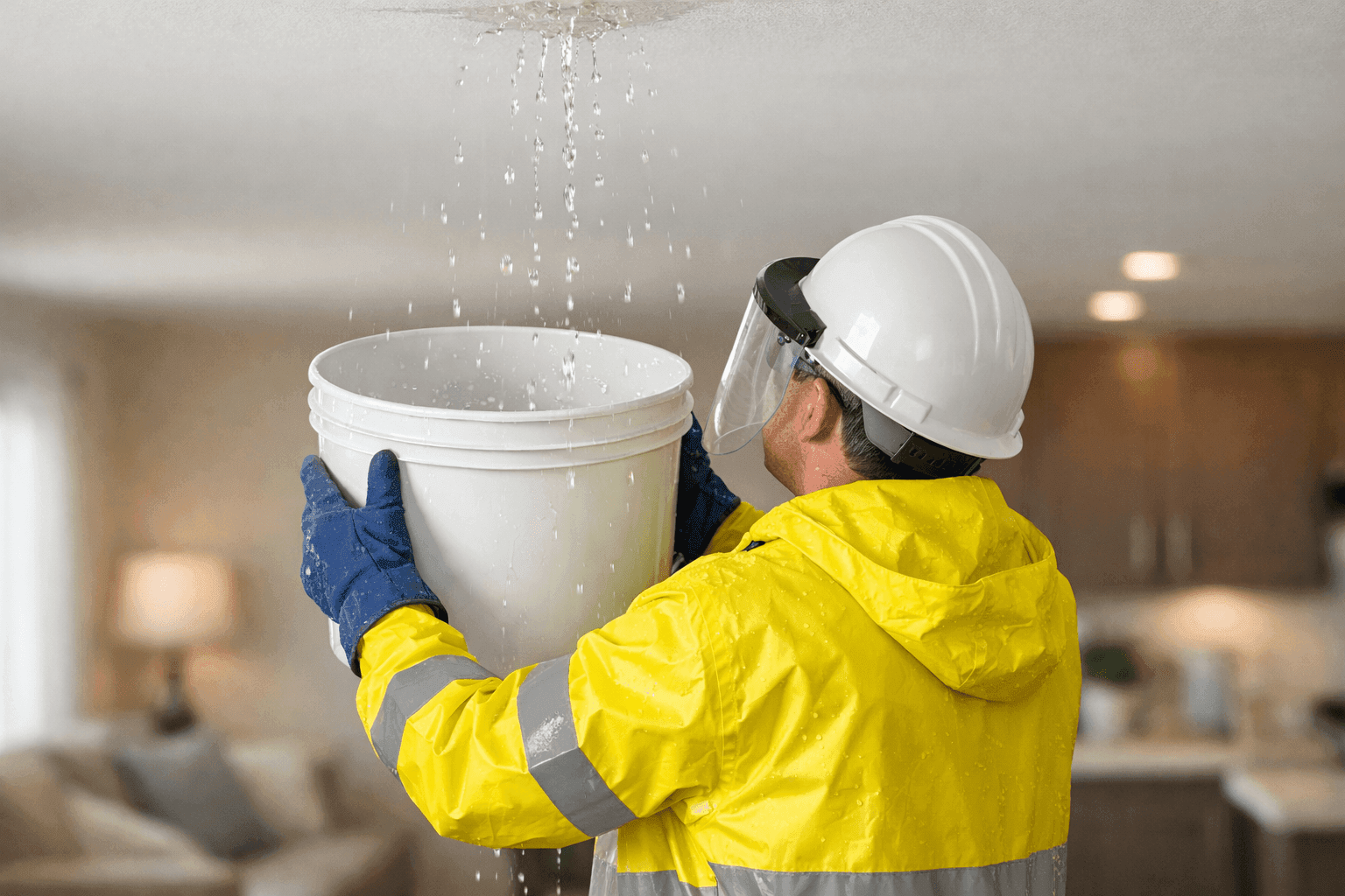 Homeowner placing bucket under leaking ceiling during heavy rain