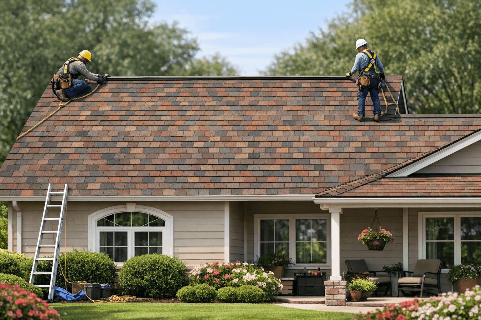 Freshly replaced roof on a residential home with attractive shingle color