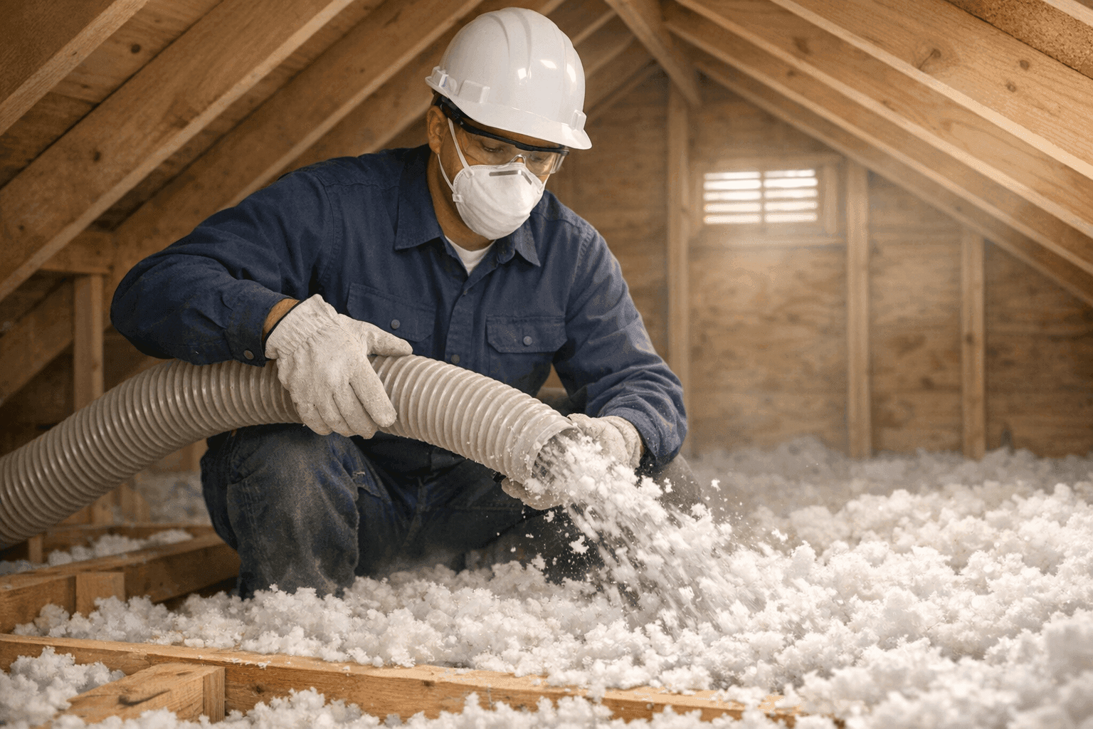 Technician adding attic insulation for roof energy efficiency