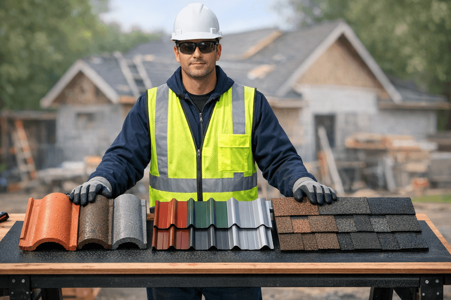 Roofing contractor comparing tile, metal, and shingle samples on a workbench