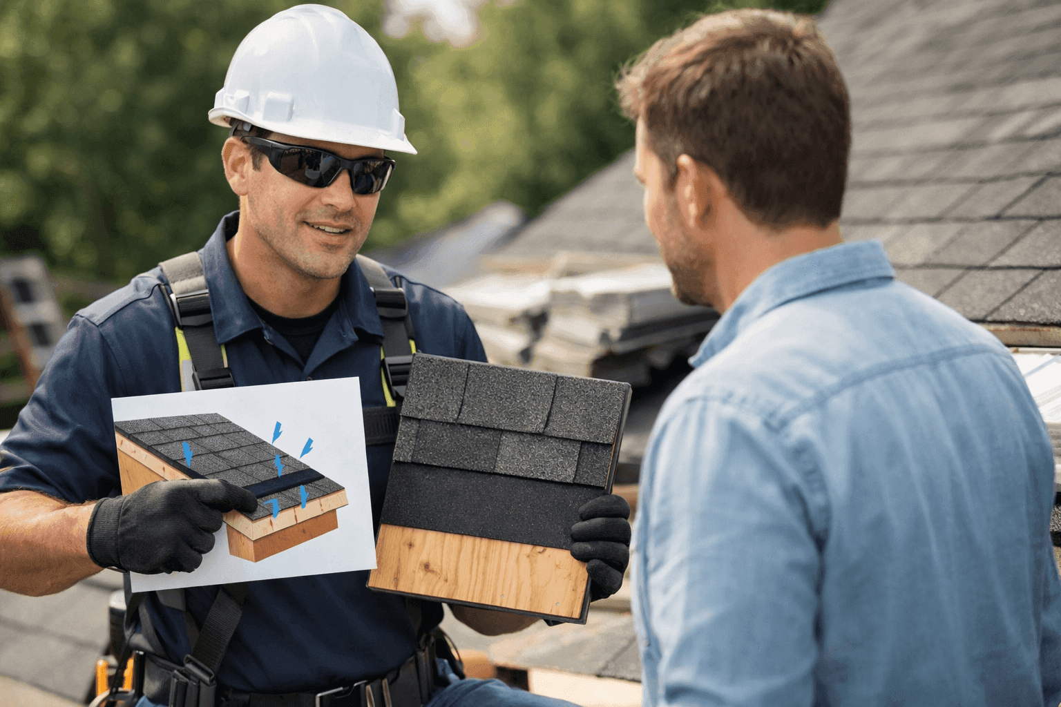 Technician explaining roofing facts to homeowner with visual aids