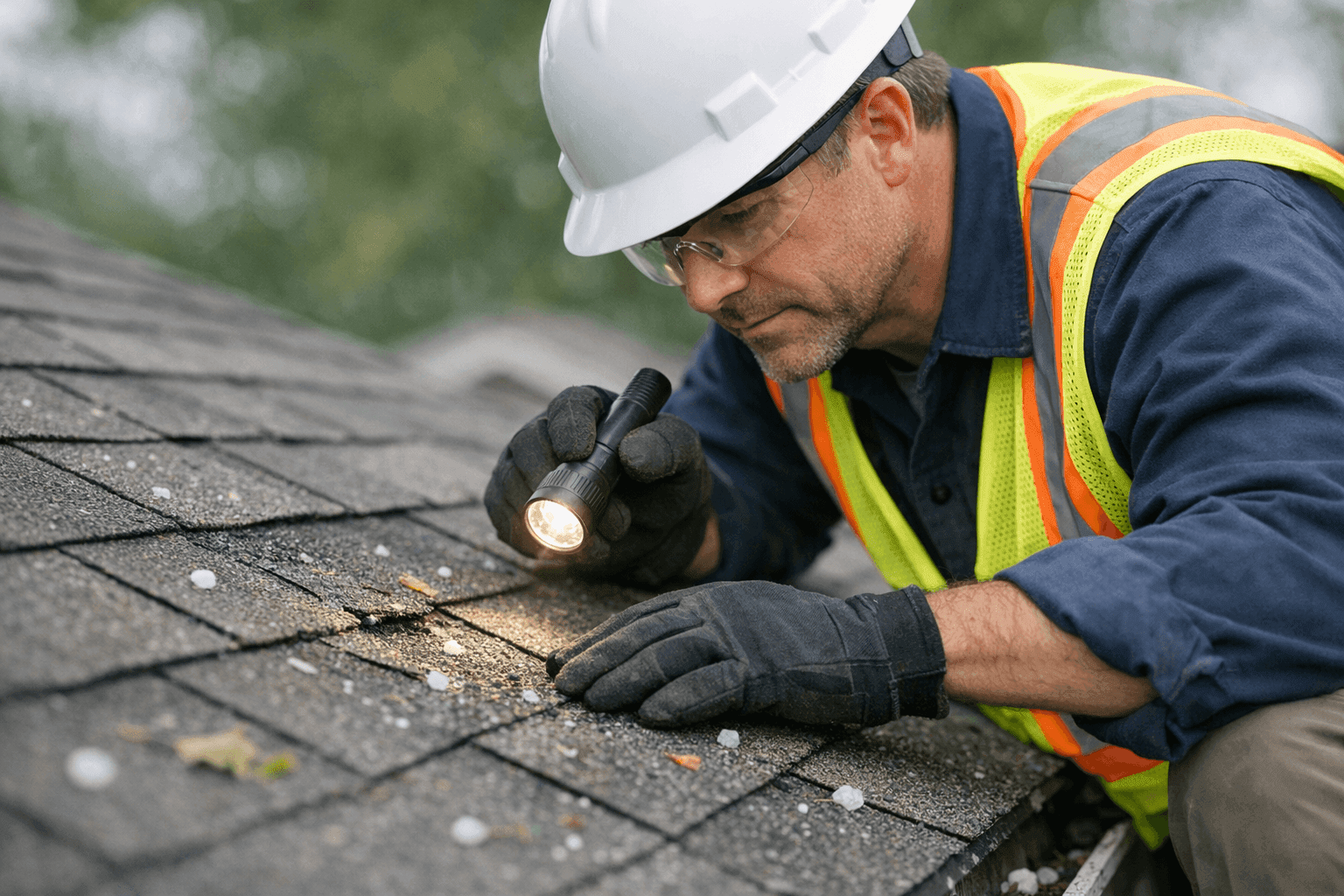 Inspector examining shingles for storm damage on residential roof