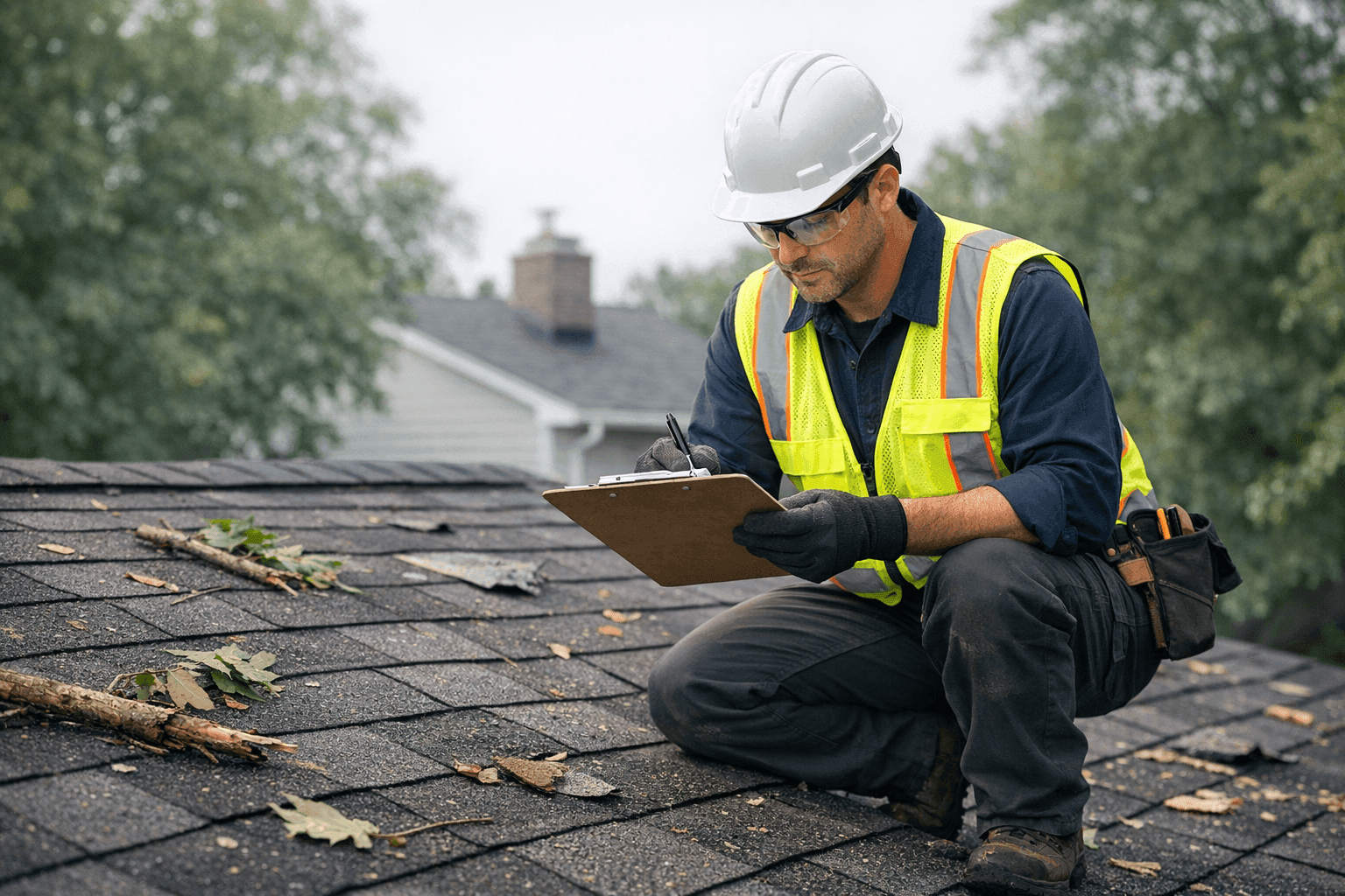 Technician assessing storm-damaged roof with visible debris