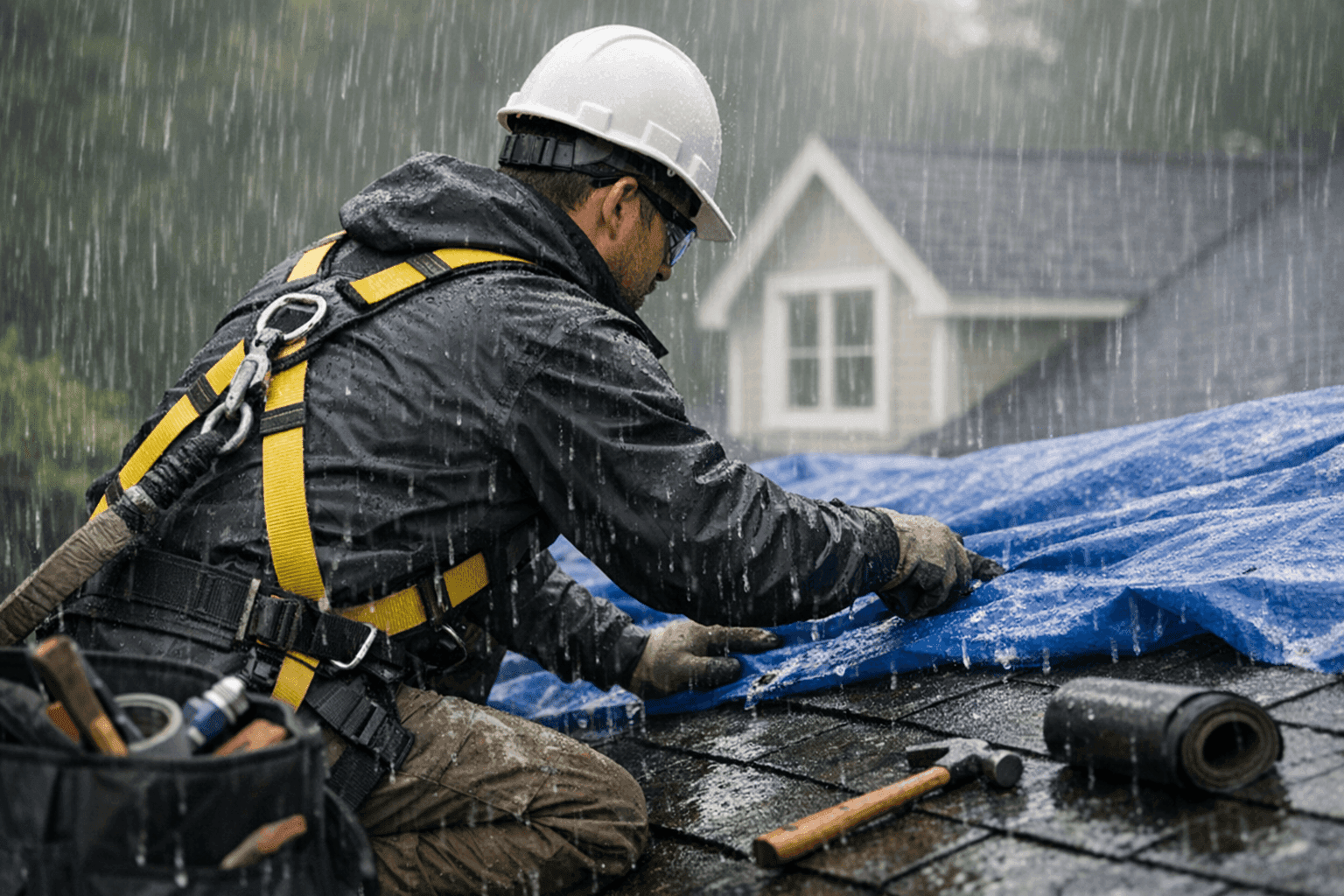 Technician responding to urgent roof leak in heavy rain