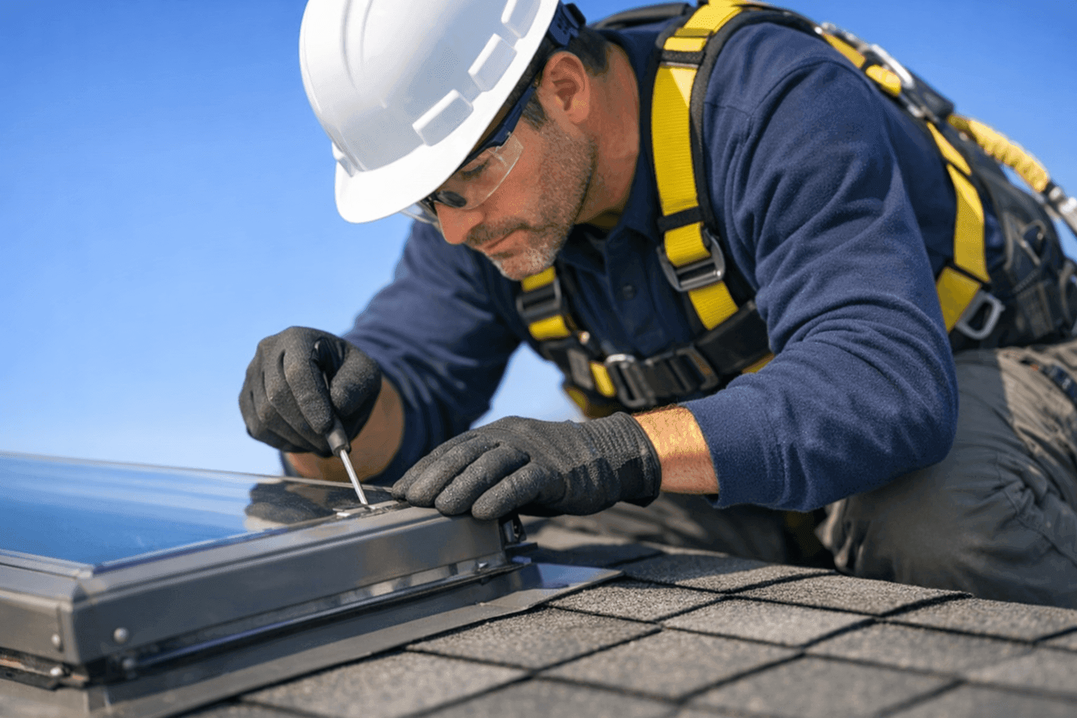 Homeowner inspecting skylight for leaks and cracks