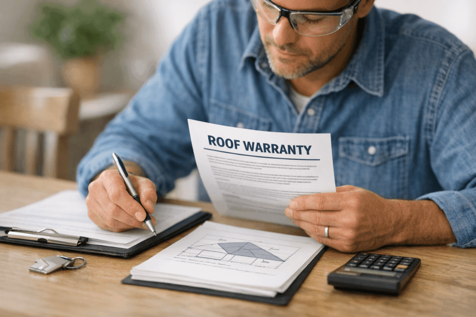 Homeowner reviewing roof warranty documents at home