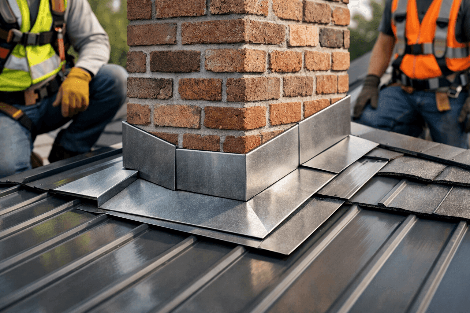 Close-up of roof flashing around a chimney on a residential home