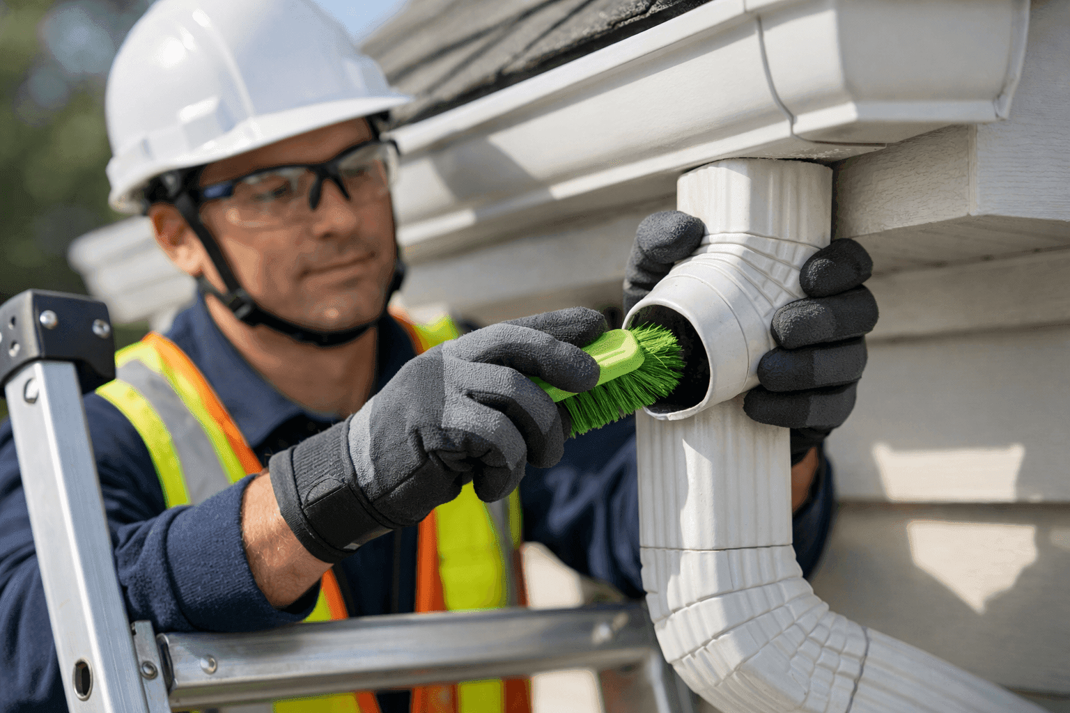 Technician inspecting and cleaning residential downspout system